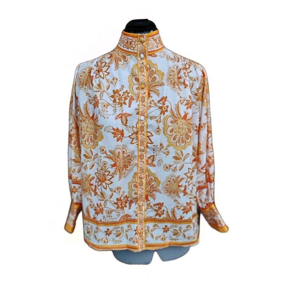 Women's Yellow White Floral Button Down Flowy Indian Boho Long Sleeve Blouse...